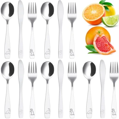Image of 15Pcs Children&#039;s Cutlery Set 410 Stainless Steel Toddler Kit Engraved Dinosaur Pattern Kids Fork Spoon and Cutter Ergonomic Smooth Utensils/Flatware, Dishwasher Safe