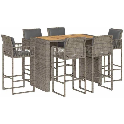 Image of vidaXL 7 Piece Garden Bar Set with Cushions Grey Poly Rattan Acacia