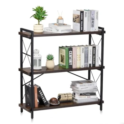Image of VEVOR Metal Bookshelf, 3 Tier Industrial Small Rustic Storage Display Bookcase with Open Shelves, Freestanding Vintage Shelving Unit Rack, for Living room, Bedroom &amp; Office