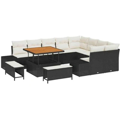 Image of vidaXL 12 Piece Garden Sofa Set with Cushions Black Poly Rattan Acacia