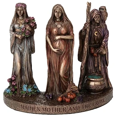 Image of Veronese Design 4 3/8 Inch Triple Moon Goddess Maiden Mother and Crone Cold Cast Resin Bronze Finish Wiccan Sculpture