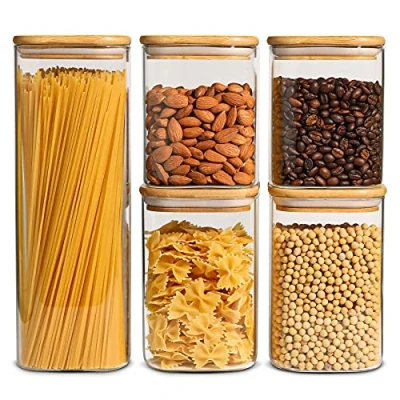 Image of ComSaf Glass Storage Jars with Bamboo Lid Set of 5, Clear Food Container Jar Sealing for Noodles Flour Cereal Rice Sugar Tea Coffee Beans, Square