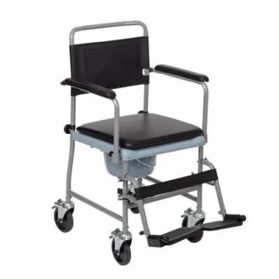 Image of Millercare Wheeled Commode Chair Toilet with Padded Seat and Back Locking Brakes Swing Away Arms &amp; Detachable Footrests Bathroom Bedroom Portable Removable Bucket