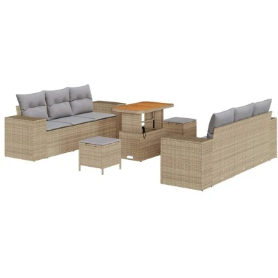 Image of vidaXL 9 Piece Garden Sofa Set with Cushions Beige Poly Rattan Acacia