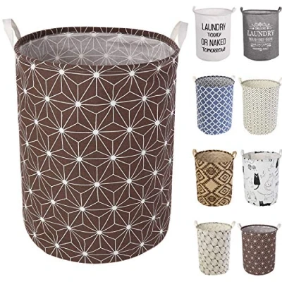 Image of LessMo 17.7&quot; Laundry Hamper, Collapsible Storage Basket With Easy Carry Handles, Waterproof Round Cotton Linen, for Baby Products, Toys, Bedroom Hamper