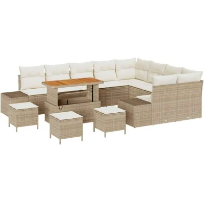Image of 13 Piece Garden Sofa Set with Cushions Beige Poly Rattan Acacia vidaXL
