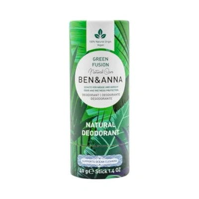 Image of BEN &amp; ANNA Green Fusion Natural Deodorant Stick for Men and Women Vegan Cosmetics Sustainable in Papertube Against Heavy Sweating Aluminium free (40 g (Pack of 1), Tea,
