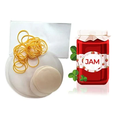 Image of 24 x 1lb Jam Pot covers Labels with Elastic Rubber Jar and wax discs (1lb Covers)