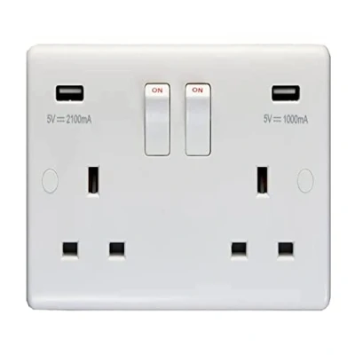 Image of Eurolite Enhance White Plastic 13A 2 Gang Switched Socket With Dual USB Charger (5V DC 3.1A shared)