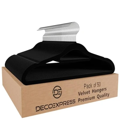 Image of Deco Express Velvet Hangers, Space Saving Non Slip Coat Hangers for Clothes Multipack (Black, 50 Pack)