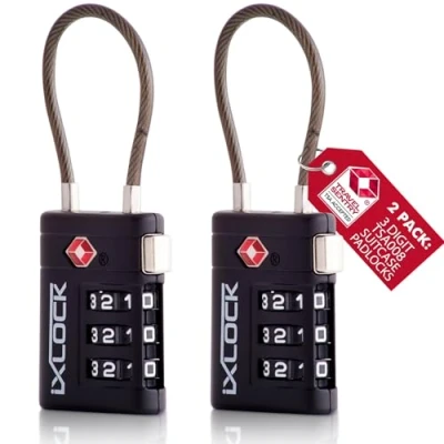 Image of iXLOCK TSA Approved Luggage Locks (Black) 3 Digit Heavy Duty Zinc Alloy Security Cable Padlock Combination Padlocks, Code Lock for Suitcase Zipper, Luggage, Bag, Case, Gym Locker