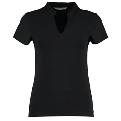 Image of Kustom Kit Ladies&#039; Corporate Short Sleeve V Neck Mandarin Collar Top, Black, 12 14. KK770