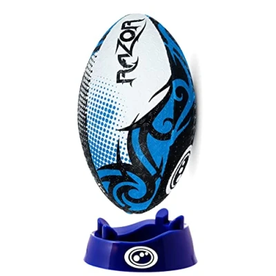 Image of Optimum Razor Rugby Ball Perfect for Training &amp; Gameplay, Great Flight Air Retention, Rubber Dimpled Surface Grip, 2 Ply 410g Size 5 Black/Blue Includes Kicking Tee