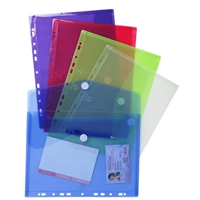 Image of Exacompta Ref 57380E PP Envelope Punched Pocket Suitable for A4 Documents, Hook &amp; Loop Closure, 0.2mm Translucent Polypropylene Assorted Colours (Pack of 5)