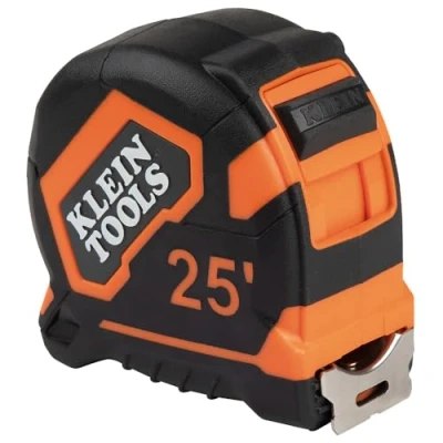 Image of Klein Tools 9125 Tape Measure, Heavy Duty Measuring With 25 Foot Single Hook Nylon Reinforced Blade, Metal Belt Clip