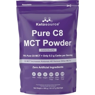Image of Pure C8 MCT Powder 500g Pouch 4X Ketone Boost vs Other Oils Zero Carbs Mixes Easily Keto Coffee Creamer Vegan Safe Gluten Free Artificial Ingredients Chocolate Ketosource®