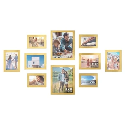 Image of SONGMICS Set of 10 Picture Frames, Two 20 x 25 cm (8 Inches), Four 13 18 (5 7 15 (4 6 Plastic Front, MDF, Pale Gold RPF310A01