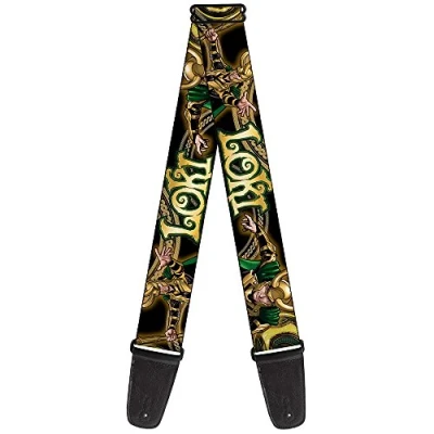 Image of Buckle Down Guitar Strap LOKI Poses Black/Gold/Green 2&quot; Wide 29 54&quot; Length