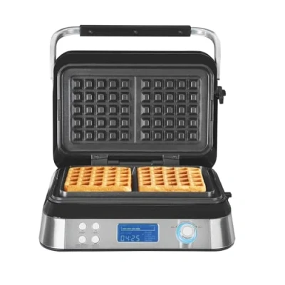 Image of Hamilton Beach Smart Waffle Maker, Pro, Non Stick Plates, 7 Browning Levels, 5 Programmes, Even Heat Distribution, LCD Digital Display, Overflow Protection HB5403T, Silver