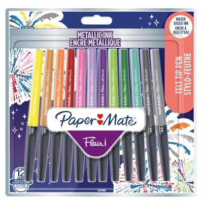 Image of Paper Mate Flair Metallic Felt Tip Pens Glittery Ink Shines on White Assorted Colours Medium Point (0.7mm) 12 Count