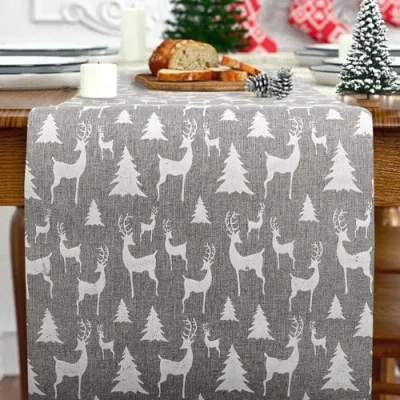 Image of 11 x 108 Inches Xmas Table Runners White Deer Runner Christmas Dinner Decorations for Seasonal Winter Kitchen Holiday Party（Grey）