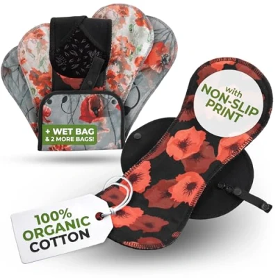 Image of Incontinence Reusable Sanitary Pads, 6 Pack; Maxi; Organic Cotton; Rosy red; Black Wings