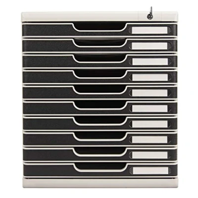Image of Exacompta Ref 332014D Modulo Drawer Set with Key Lock 350 x 288 320mm in Size, 10 Drawers (26mm Height), Smooth Opening, Keys Supplied Office Light Grey/Black
