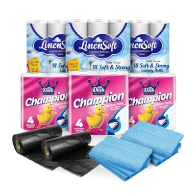Image of All in One Household Bulk 54 Toilet Roll, 12 Kitchen Rolls, 100 Bin Bags 55L, Purpose Cloths Home Essentials