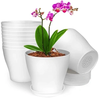 Image of BELLE VOUS 10 Pack of White Plastic Indoor Plant Pots 13.5cm/5.31 Inches Planters with Drainage Holes and Trays/Saucers Decorative Flowerpots for House Plants, Succulents or Seeding Nursery