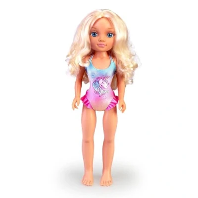 Image of Nancy a day with magic towel, doll long blonde hair, summer swimming costume, sunglasses and towel unicorn as accessories, toy for boys girls +3 years old, Famosa (NAC19000)
