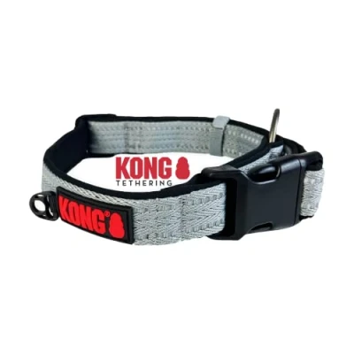 Image of KONG Nylon Dog Collar I Adjustable Soft Padded with Clasp Buckle Reflective Large Ring Grey Size L