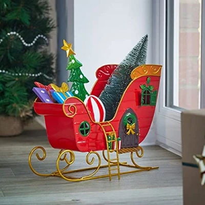 Image of Marco Paul Novelty Sleigh Christmas Ornament Large Hand Painted Free Standing Metal Decorations for centerpiece, table decor, Home accessories (Red Sledge)