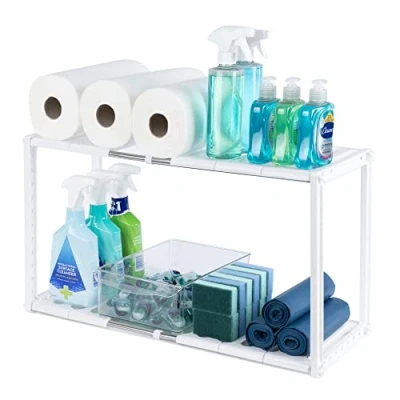 Image of LIVIVO Under Sink Storage Caddy White Adjustable and Extendable Multi Purpose Kitchen Bathroom Rack Shelf Organiser Tidy (White)