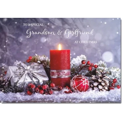 Image of doodlecards Grandson &amp; Girlfriend Christmas Card Festive Red Candle Medium Size with Plain Envelope