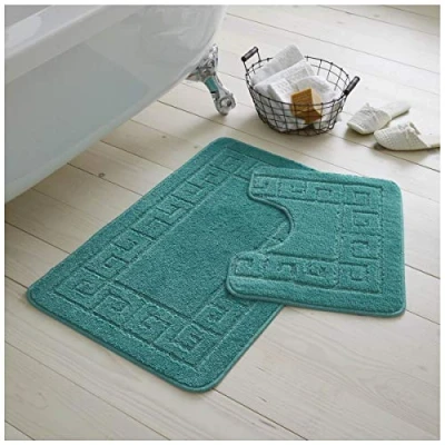 Image of GC GAVENO CAVAILIA Greek Key Pattern Bath Mats 2 Piece Sets Non Slip, Soft Washable Rug Quick Dry Water Absorbent Bathroom Shower Mat &amp; Pedestal Set, Teal