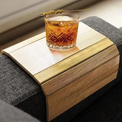 Image of Sofa Arm Tray, Foldable Couch Tray Wooden Armrest &amp; Organiser for Drinks, Snack, Magazine, and Remote Square Protector with Non Slip Backing (Brown)