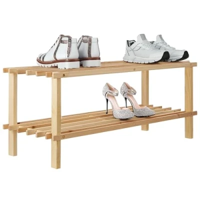 Image of Premier Housewares 2 Tier Slatted Natural Cedar Wood Shoe Rack, 26 x 74 30 centimeters