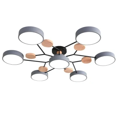 Image of Modern Semi Flush Mount Ceiling Light Circular Acrylic 7 Heads LED Lamp Nordic Grey Sputnik Fixture with Wood Decoration for Living Room Dining Bedroom