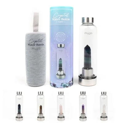 Image of Myga Fluorite Crystal Water Bottle 500ml Glass Drinks with Natural Healing &amp; Neoprene Sleeve for Wellness Self Care Gemstone: