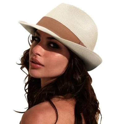 Image of DRESHOW Women Straw Panama Hat Fedora Beach Sun Short Brim Roll up UPF 50+