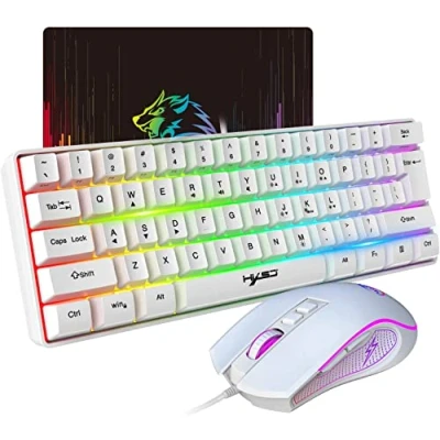 Image of HXSJ V700 Gaming Keyboard and Mouse Combos,60% Ultra Compact Wired Keyboard,61 Keys TKL Layout,RGB Backlit,Gaming Optical Sensor with 7 Buttons,7 Color LED light,Up to 3600DPI,for PC,Mac White