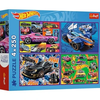 Image of Trefl 4in1: Hot Wheels Racing Cars 4 x 250 Pieces Set of Four Jigsaw Puzzles for Boys, Multicoloured, 13312