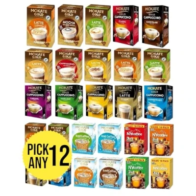 Image of Mokate Gold, Gold Premium, Iced and NY Coffee Sachets. Pick Any 12 Packs from Classic, Chocolate, Caramel, Hazelnut, Vanilla Cappuccino, Mocha, Latte, Irish, Salted Caramel White Chocolate Etc.