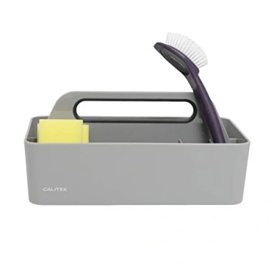 Image of CALITEK Cleaning Caddy Kitchen Tidy Organiser Large Tote Tray Strong Cleaners Carry Basket with Gripped Handle for Organised Products (Grey)