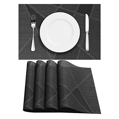 Image of LAPONO Table Mats Set of 4, 45 x 30cm Large Rectangle Place PVC Placemats Washable Non slip Heat Resistant for Kitchen Dinning Restaurant outdoor garden Hotel (Black)