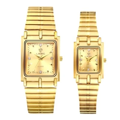 Image of JewelryWe Gold Square Couple Watches: Analog Quartz Waterproof Stainless Steel Casual Dress Wristwatch for Men Women