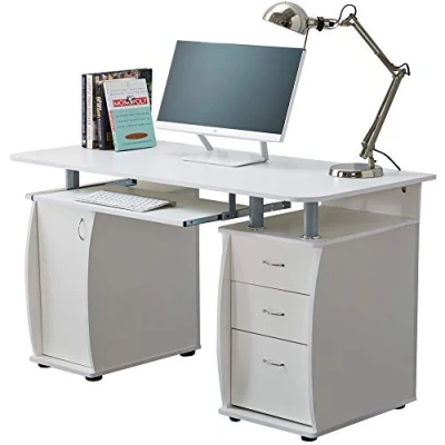 Image of RayGar White Deluxe Design Computer Desk With Cabinet and 3 Drawers For Home Office Table Workstation New (White)