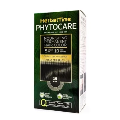 Image of Herbal Time Phytocare Permanent Hair Dye Color Black 1N Professional Natural Kit Nourish and Protect Your Ammonia, PPD SLS Free 124.5 ml
