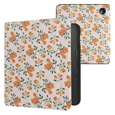 Image of kwmobile Case Compatible with Kobo Libra 2 eReader Cover Yellow Flowers Yellow/Green/Beige