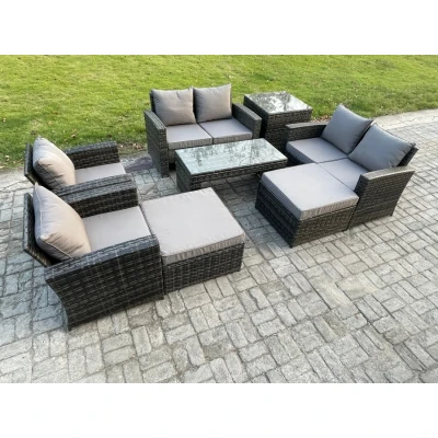 Image of 8 Seater Outdoor Rattan Patio Furniture Set Garden Lounge Sofa with Armchairs Side Table 2 Big Footstool Coffee Dark Grey Mixed Fimous